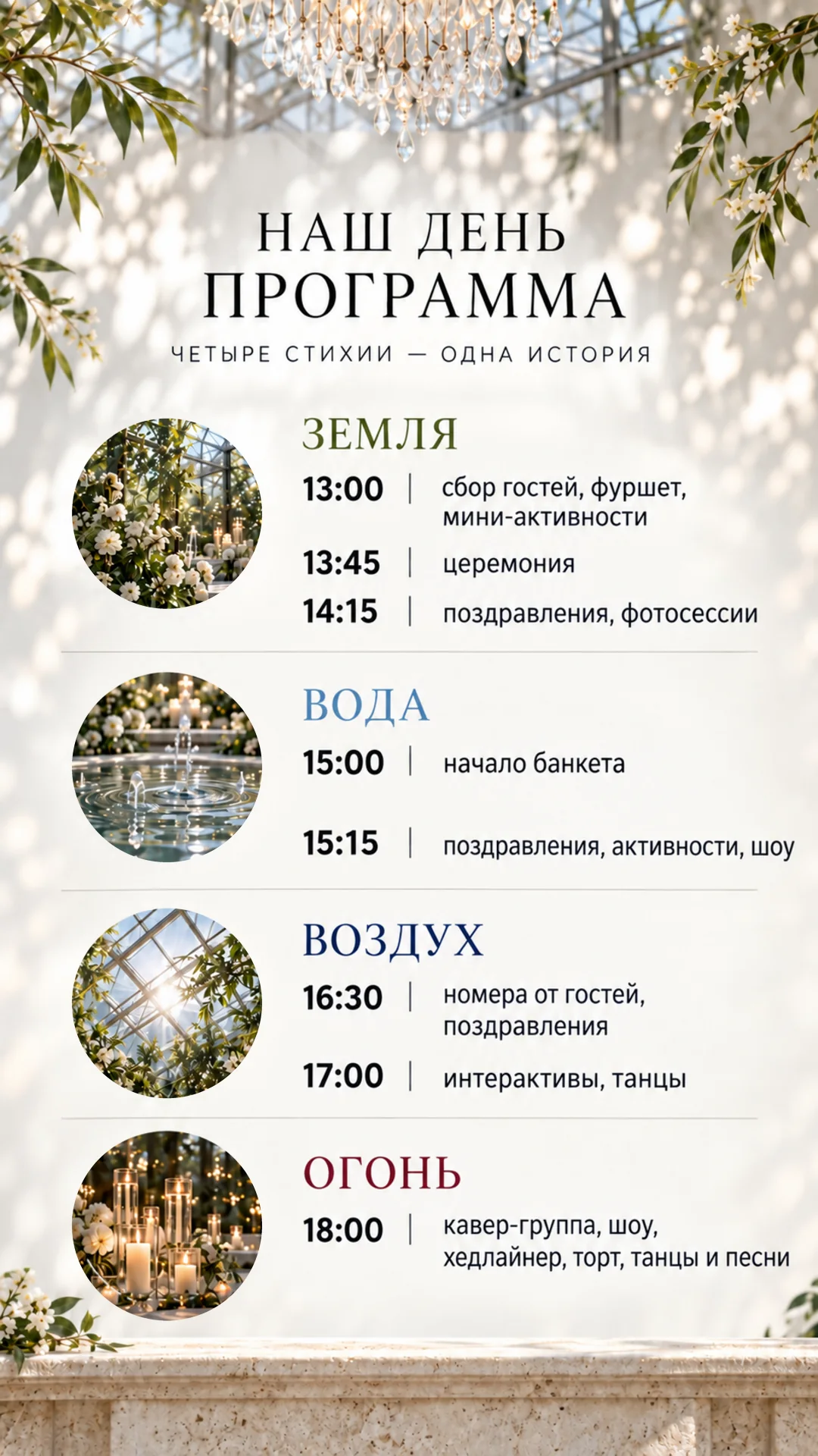 Наш день. Программа: четыре стихии — одна история. Земля: 13:00 сбор гостей, фуршет, мини-активности; 13:45 церемония; 14:15 поздравления, фотосессии. Вода: 15:00 начало банкета; 15:15 поздравления, активности, шоу. Воздух: 16:30 номера от гостей, поздравления; 17:00 интерактивы, танцы. Огонь: 18:00 кавер-группа, шоу, хедлайнер, торт, танцы и песни